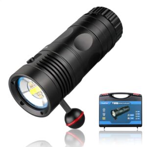 TrustFire DF90 Tauchlampe, 15000 Lumen Unterwasser-Taschenlampe für professionelle Taucher und Fotografen mit Weiß+UV+Rot-Licht und 70M Wasserdichte LED-Leuchte