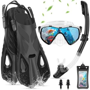 Schnorchelset für Erwachsene, 7-teiliges Ausrüstung mit Anti-Fog Taucherbrille, Flossen, Trockenschnorchel und Handyhülle in Schwarz (Größe S/M)