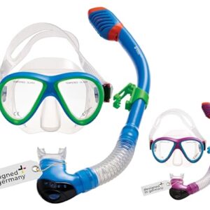 DYNAMINORD - Schnorchelset für Kinder mit Dry-Schnorchel und Sicherheitsglas. Profi Silikon 2er Set Tauchset Schnorchelset für Kinder (Taucherbrille, Schnorchel & Netztasche) für sicher und angenehmes Schnorcheln