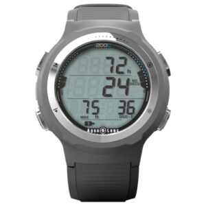 Ein schwarzer Tauchcomputer Aqualung i200C auf einem Unterarmband, mit weißem Hintergrund und blauen Ziffern und Linien. Der Computer zeigt eine aktuelle Wassertemperatur von 75 Grad Fahrenheit und eine Tiefe von 36 Metern an.