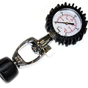 Externes Manometer für die schnelle Kontrolle des Flaschendrucks außerhalb des Wassers, mit BAR und PSI Skala.