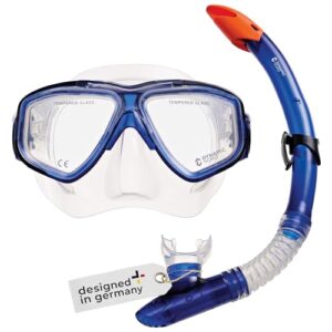 Professionelles 2er Set Tauchset für Erwachsene mit Sicherheitsglas, Zweiglas Taucherbrille, Tauchmaske und Dry Schnorchel