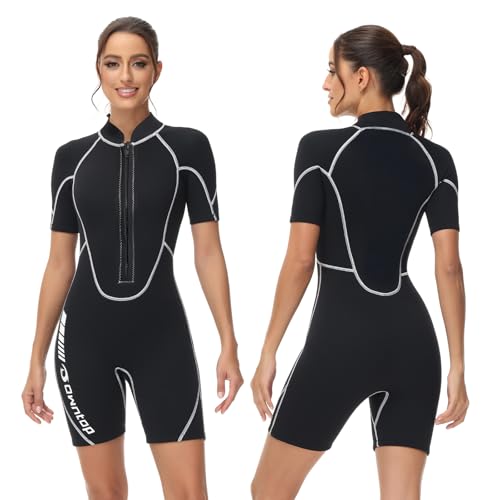 Damenkurzarm Tauchanzug 3/2mm Neopren für Wassersport, Frontreißverschluss Wetsuit zum Tauchen Surfen, Schwarz