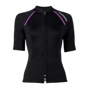 Neoprenanzug für Damen, Jacke mit kurzen Ärmeln, 1,5 mm Neopren, Slim Fit, Badeshirt, Stretch Badeoberteil, Tauchen, Surfen, Schnorcheln und Schwimmen, Schwarz