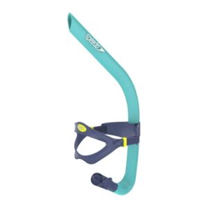 Speedo Bullet Head Snorkel - Einblasgerät für Schwimmen, blaues Trainingsgerät mit silbernen Details und gelbem Griff