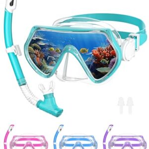 Kinder-Schnorchel-Set mit Taucherbrille und Dry-Schnorchel, ideal für Kinder. Klare 180°-Panorama-Sicht ohne Verzerrungen oder Verschwommenheit.
