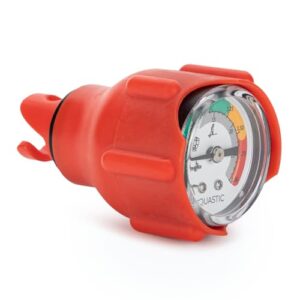 Bild eines Druckmessers für SUP Boards und Kajaks mit dem Namen AQUASTIC, auf einem weißen Hintergrund. Das Gerät zeigt eine Druckanzeige von bis zu 29 PSI (2 BAR).