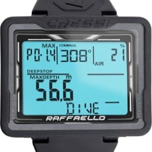 Tauchcomputer mit großem rechteckigen Bildschirm und hohem Kontrast für maximale Lesbarkeit der Daten, Schwarz/Grau
