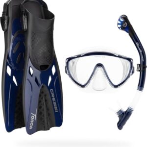 Schnorchelset für Freizeit und Reisen, komplette Ausrüstung mit Maske, Schnorchel und Flossen in Klar/Navy, Größe L/XL