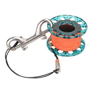 Tauchspule, Aluminium Finger Reel Scuba Diving Tauchspule mit Edelstahl Snap Bolzen Haken Clip, blauer Rad und orangefarbene Seil