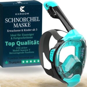Khroom Schnorchelmaske, Vollgesichtsmaske mit Easy-Breath-System, CO2-sicher, für Erwachsene und Kinder ab 3 Jahren, Türkis (XS)
