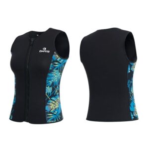 Frau tragt bequemen Neoprenanzug für Surfen, Schnorcheln oder Schwimmen. 3 mm dicke Thermiecke sorgt für maximale Isolation gegen kaltes Wasser.