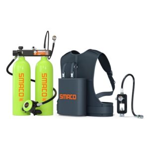 Zwei 2-Liter Mini Tauchflaschen der Marke SMACO, die für Notfallrettung und Bootsreinigung geeignet sind.