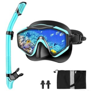 Schnorchelset für Erwachsene mit Taucherbrille und Dry Schnorchel, Anti-Leck Anti-Fog Tauchmaske aus Gehärtetem Glas für Schnorcheln, Schwimmen und Tauchen in Grün und Blau