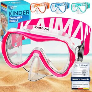Taucherbrille für Kinder, besonders bequeme Tauchmaske mit Stoffband und Sicherheitsglas nach EU-Standards, inklusive Tragetasche