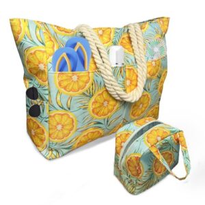 Badetasche Groß mit 7 Taschen, Schwimmbad-Tasche, 50L Orange Strandtasche für Familie, wasserdicht und faltbar