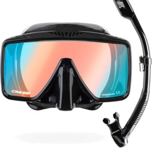 CRESSI SF1 & Dry Combo - Rahmenlose quadratische Maske mit gehärteter Scheibe + Dry Schnorchel für Freitauchen und Schnorcheln, Schwarz/380 UV Blau Orange Glas, Einheitsgröße Unisex