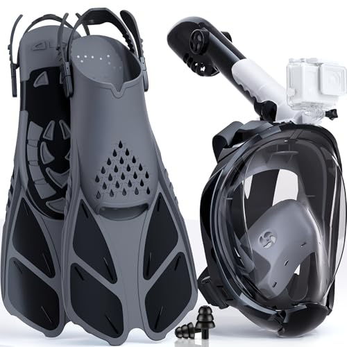 Schnorchelset für Erwachsene, faltbare Vollgesichtsmaske mit Flossen, CO2-sicher und Anti-Beschlagsystem, inklusive Tragetasche