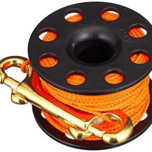 Tauch-Reel mit Messing-Karabinerverschluss und Nylonverstärkung, ideal für Taucher mit verschiedenen Erfahrungsstufen.