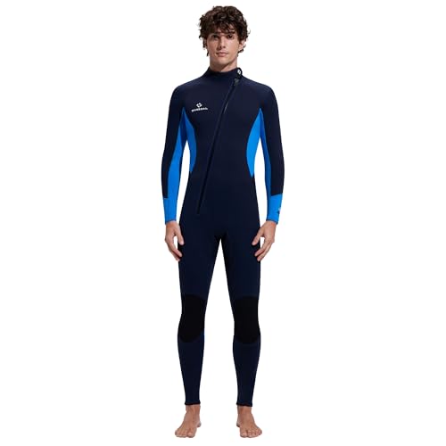 Herren Neoprenanzug Ganzkörper 3/2mm, Nassanzug mit Ultra-Stretch-Folie für Tauchen und Surfen, Vorderer Reißverschluss, Schwarz-Blau, L-Größe