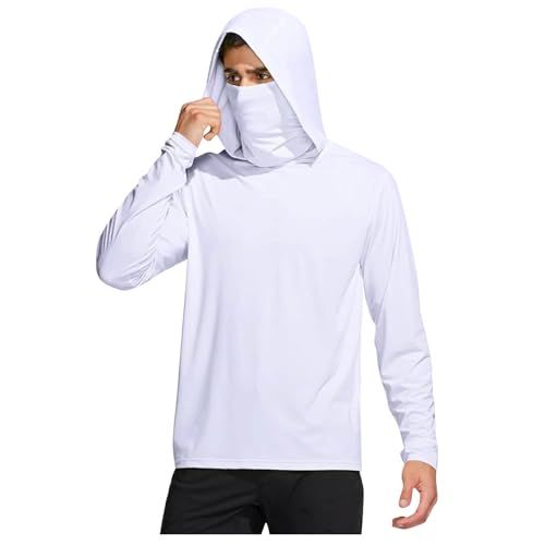 Herren T-Shirt Langarm mit Maske Kapuzenpullover Rashguard für Sonnenschutz und UV-Schutz bei Angeln Surfen