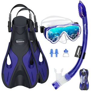 UPHitnis Schnorchelset für Kinder mit Flossen, Anti-Fog 180° Panorama Taucherbrille, verstellbaren Schwimmflossen und Premium Dry Schnorchel - 3 in 1 Set mit Tragetasche. Ein umfassendes Schnorchel-Set für Kinder mit allen notwendigen Equipmenten für ein sicheres und unterhaltsames Badenerlebnis.