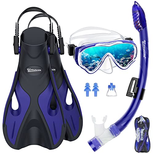 UPHitnis Schnorchelset für Kinder mit Flossen, Anti-Fog 180° Panorama Taucherbrille, verstellbaren Schwimmflossen und Premium Dry Schnorchel - 3 in 1 Set mit Tragetasche. Ein umfassendes Schnorchel-Set für Kinder mit allen notwendigen Equipmenten für ein sicheres und unterhaltsames Badenerlebnis.