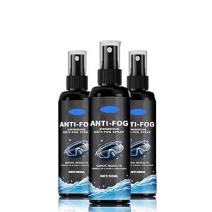 Drei Flaschen Anti-Fog-Spray auf einem weißen Hintergrund. Jede Flasche ist schwarz und zeigt ein Bild eines Fisches auf dem Etikett. Die Texte auf jedem Etikett lesen: 'Anti-Fog Spray', 'Generisch Anti-Fog Spray für Schwimmbrille' und 'Anti Beschlag Spray Brille'. Alle drei Flaschen haben silberne Kappen.