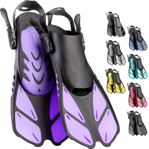 CAPAS Schnorchelflossen, Schwimmflossen Reisegröße Kurz Einstellbar zum Schnorcheln Tauchen Erwachsene Männer Frauen Kinder Offene Ferse Tauchflossen (Violett, XXS/XS)