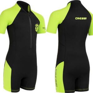 Schwimmanzug für Kinder mit UV, Kälteschutz und Qualität. Cressi Shorty 2mm Neoprenanzug Kinder Schwarz/Lime - 7/8 Jahre