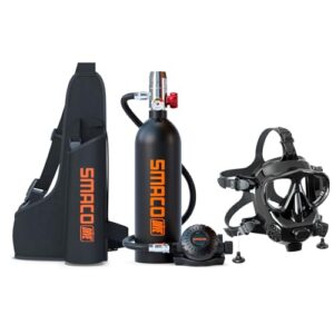 SMACO-Tauchflasche S400, 1 Liter, für Sporttauchen - Unterstützt bis zu 15-20 Minuten Unterwasseratmung, explosionsgeschütztes Ventil, fluoreszierendes Manometer, komplette Tauchausrüstung