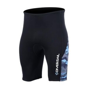 2mm Neopren-Wetshorts für Männer, schwarze Shorts mit blau-weißem Muster und Sonnenschutz, ideal für Surfen, Tauchen, Paddeln und Schwimmen