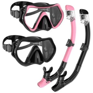 Ein Paar Schnorchel für Erwachsene, bestehend aus einer Taucherbrille und einem Dry-Schnorchel, zusammen mit einer Anti-Leck- und Anti-Fog-Tauchmaske. Das Set ist ideal für Schnorcheln und Tauchen und bietet eine hervorragende Abdichtung.