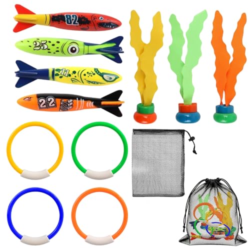 Tauchspielzeug Set für Pool und Schwimmbad, 12-teiliges Spielzeugset mit Tauchringen, Tauchtorpedos und Algen-Spielzeug für Kinder ab 4 Jahren, sicher und robust, ideal für Poolparty, Strand und Schwimmbad