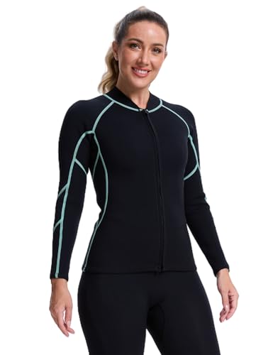 Damen Neoprenanzug Top 2mm Super-Dehnbar, langarmiger Neoprenjacke mit Frontreißverschluss für Tauchen, Schwimmen und Wassersportarten