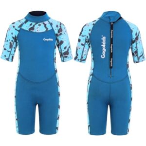Gogokids Kinder Neoprenanzug Shorty, 2mm Kurzer Wetsuit für Kinder mit Reißverschluss und hautfreundlichen Komfort-Details. Perfekt für Schwimmen, Paddeln und Spielen.