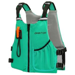 Neopren-Schwimmhilfe für Kinder und Jugendliche, 30-50 kg Trägewicht, grüne Farbe, schwarzer Netzstruktur auf dem Rücken und Seiten, großes Vorratsfach und Notfallpfeife.
