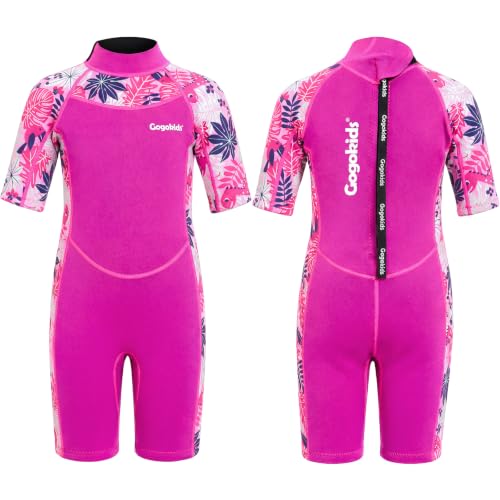 Gogokids Kinder Neoprenanzug Shorty, 2mm Kurzer Wetsuit für 2-9 Jahre - pinker Neopren-Schwimmanzug mit Gogokids-Aufdruck und Verschluss im Rücken und Zughaken am Oberkopf