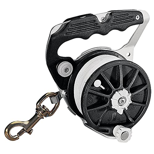 SCUBAPRO Reel 75m Leine, schwarze und weiße Reel mit silbernen Kette und Schlüsselanhänger, perfekt für Tauchgänge